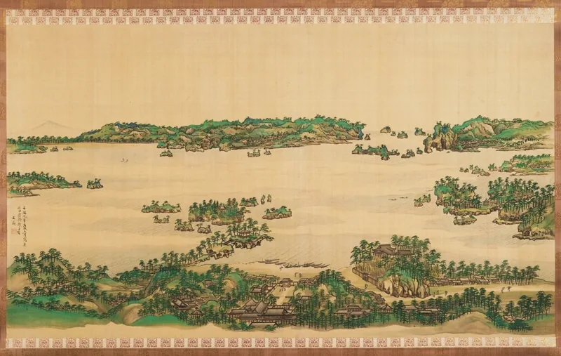 Shoreline foreground houses pine trees;