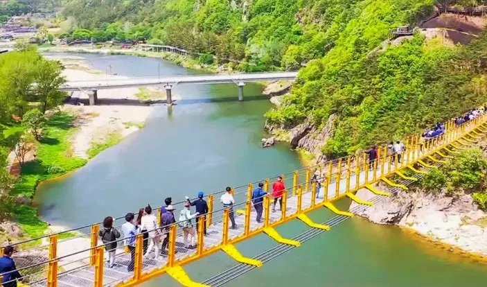 월영산 출렁다리 건너는 모습 / 사진=금산군