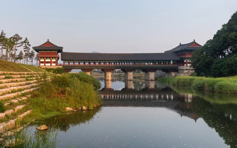 Water reflection of Woljeonggyo Bridge at golden hour in Gye