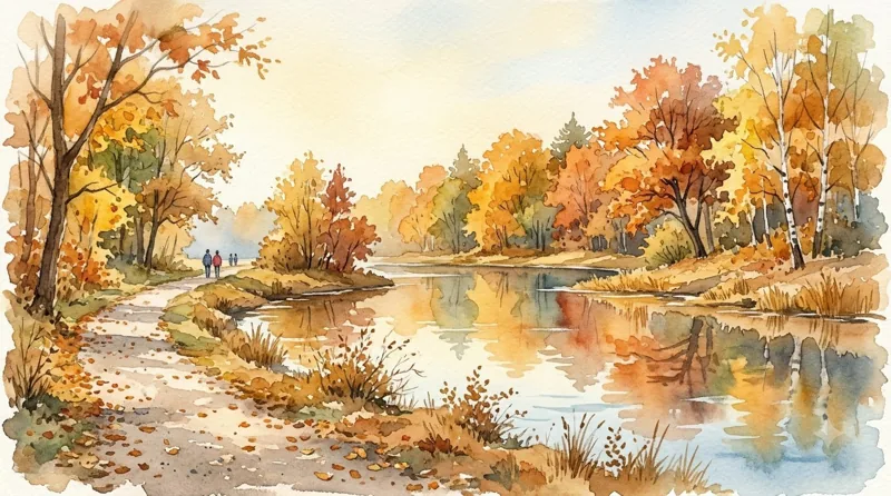 가을 물가 산책길 그림 (AI 그림)