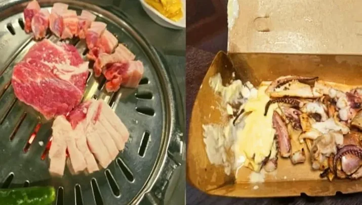 논란의 ‘흑돼지 비계 목살’과 ‘올레시장 철판오징어’ / 사진=온라인커뮤니티