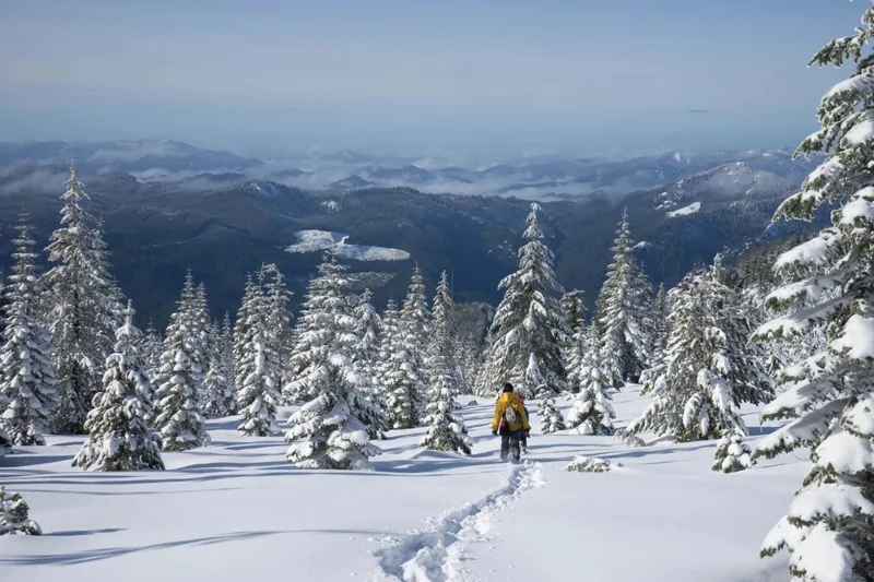 Winter hiking, snowy mountain
