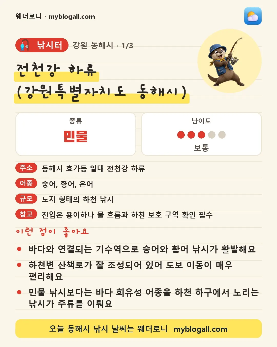 동해시 낚시터 · 전천강 하류 (강원특별자치도 동해시) — 민물 · 난이도 3/5 — 바다와 연결되는 기수역으로 숭어와 황어 낚시가 활발해요 — 하천변 산책로가 잘 조성되어 있어 도보 이동이 매우 편리해요
