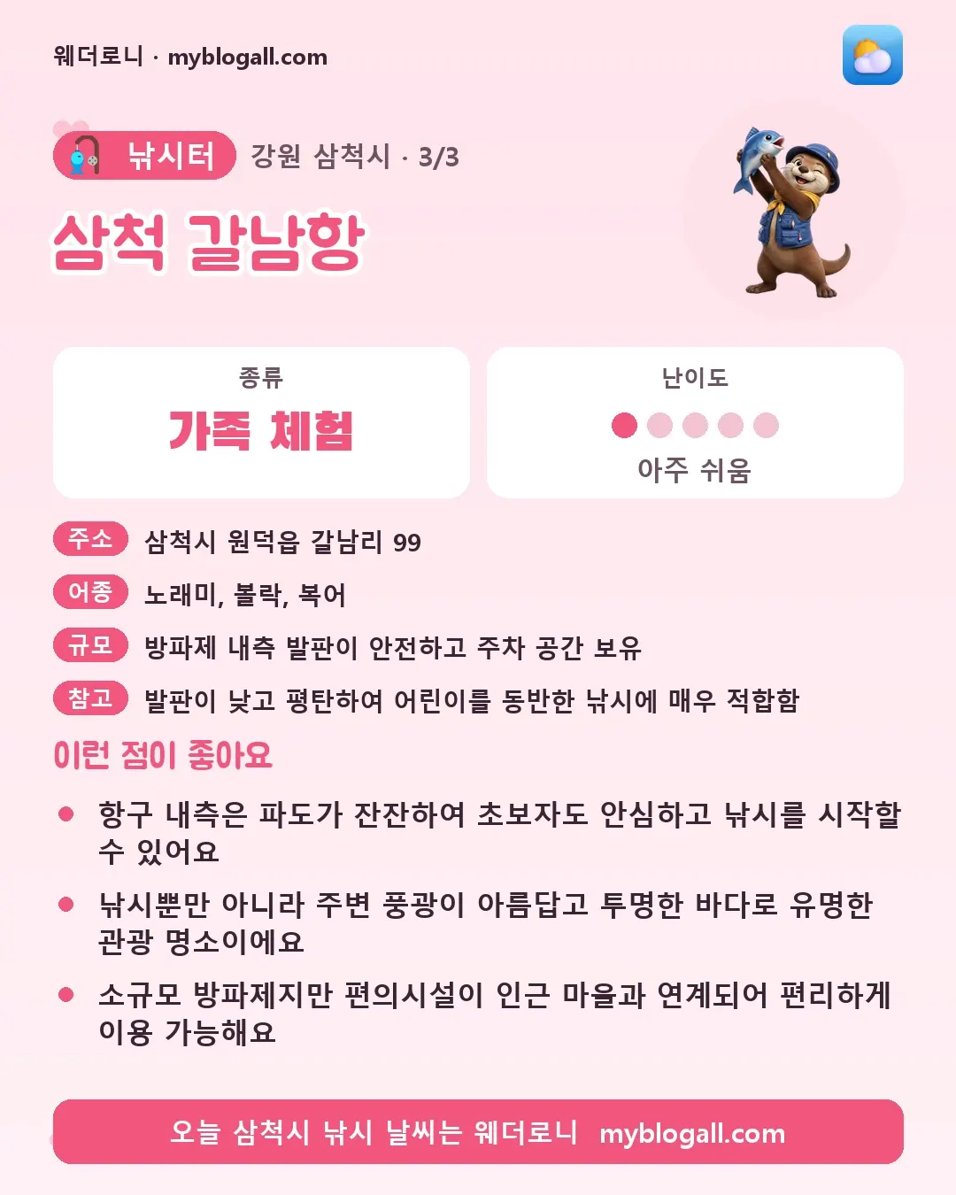 삼척시 낚시터 · 삼척 갈남항 — 가족·체험 · 난이도 1/5 — 항구 내측은 파도가 잔잔하여 초보자도 안심하고 낚시를 시작할 수 있어요 — 낚시뿐만 아니라 주변 풍광이 아름답고 투명한 바다로 유명한 관광 명소이에요