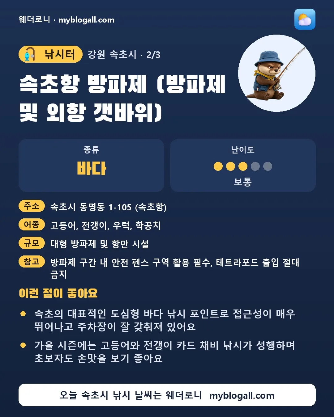 속초시 낚시터 · 속초항 방파제 (방파제 및 외항 갯바위) — 바다 · 난이도 3/5 — 속초의 대표적인 도심형 바다 낚시 포인트로 접근성이 매우 뛰어나고 주차장이 잘 갖춰져 있어요 — 가을 시즌에는 고등어와 전갱이 카드 채비 낚시가 성행하며 초보자도 손맛을 보기 좋아요