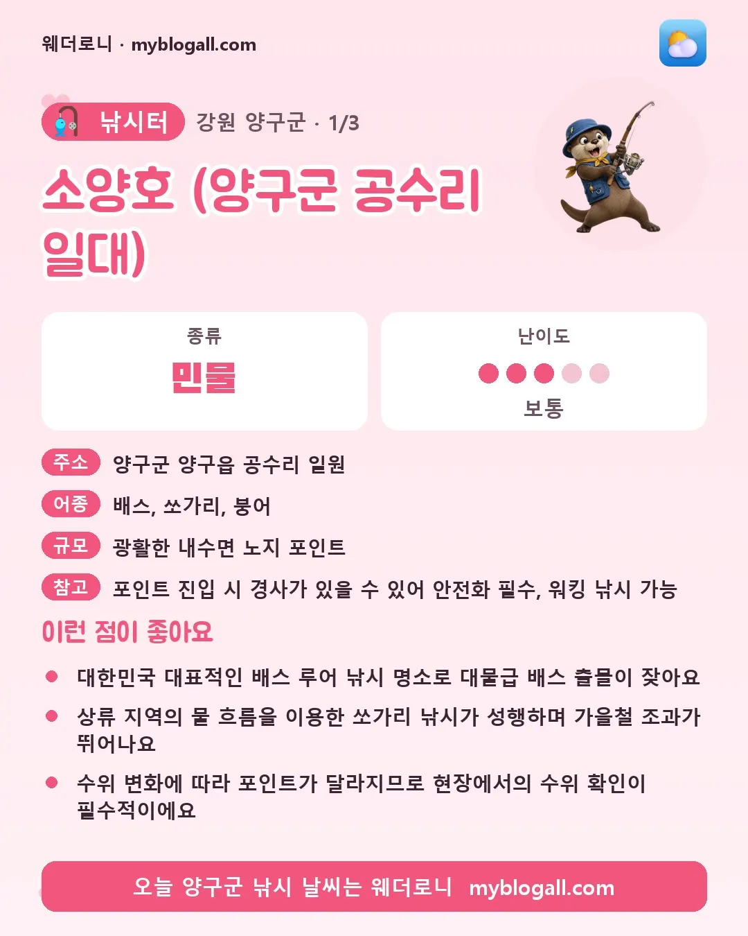 양구군 낚시터 · 소양호 (양구군 공수리 일대) — 민물 · 난이도 3/5 — 대한민국 대표적인 배스 루어 낚시 명소로 대물급 배스 출몰이 잦아요 — 상류 지역의 물 흐름을 이용한 쏘가리 낚시가 성행하며 가을철 조과가 뛰어나요