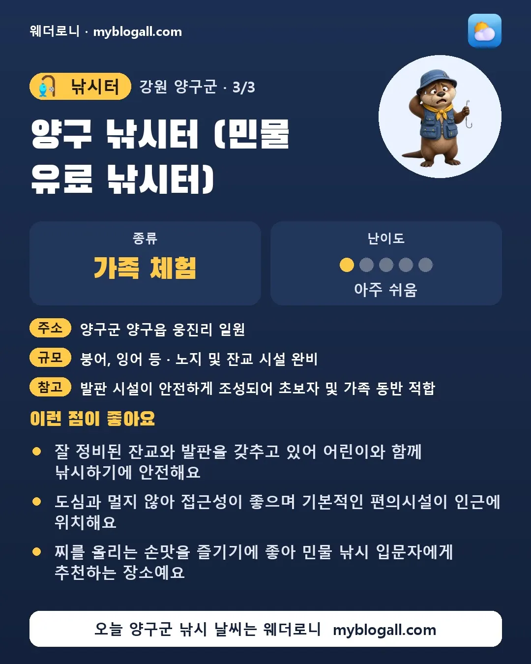 양구군 낚시터 · 양구 낚시터 (민물 유료 낚시터) — 가족·체험 · 난이도 1/5 — 잘 정비된 잔교와 발판을 갖추고 있어 어린이와 함께 낚시하기에 안전해요 — 도심과 멀지 않아 접근성이 좋으며 기본적인 편의시설이 인근에 위치해요