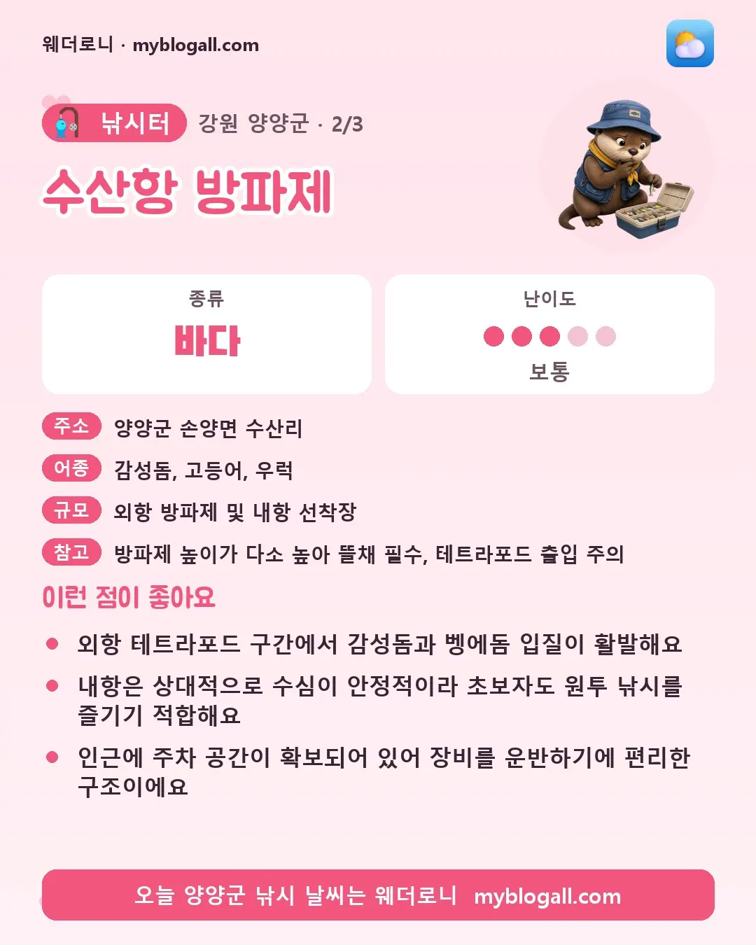 양양군 낚시터 · 수산항 방파제 — 바다 · 난이도 3/5 — 외항 테트라포드 구간에서 감성돔과 벵에돔 입질이 활발해요 — 내항은 상대적으로 수심이 안정적이라 초보자도 원투 낚시를 즐기기 적합해요