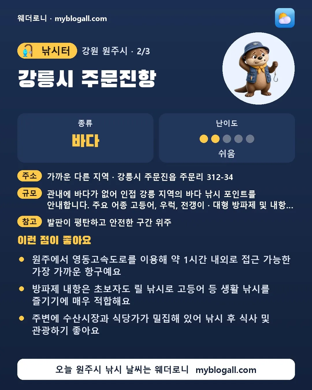 원주시 낚시터 · 강릉시 주문진항 — 바다 · 난이도 2/5 — 원주에서 영동고속도로를 이용해 약 1시간 내외로 접근 가능한 가장 가까운 항구예요 — 방파제 내항은 초보자도 릴 낚시로 고등어 등 생활 낚시를 즐기기에 매우 적합해요