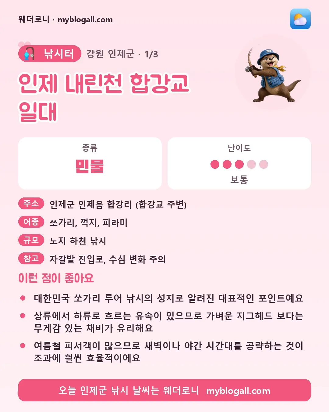 인제군 낚시터 · 인제 내린천 합강교 일대 — 민물 · 난이도 3/5 — 대한민국 쏘가리 루어 낚시의 성지로 알려진 대표적인 포인트예요 — 상류에서 하류로 흐르는 유속이 있으므로 가벼운 지그헤드 보다는 무게감 있는 채비가 유리해요