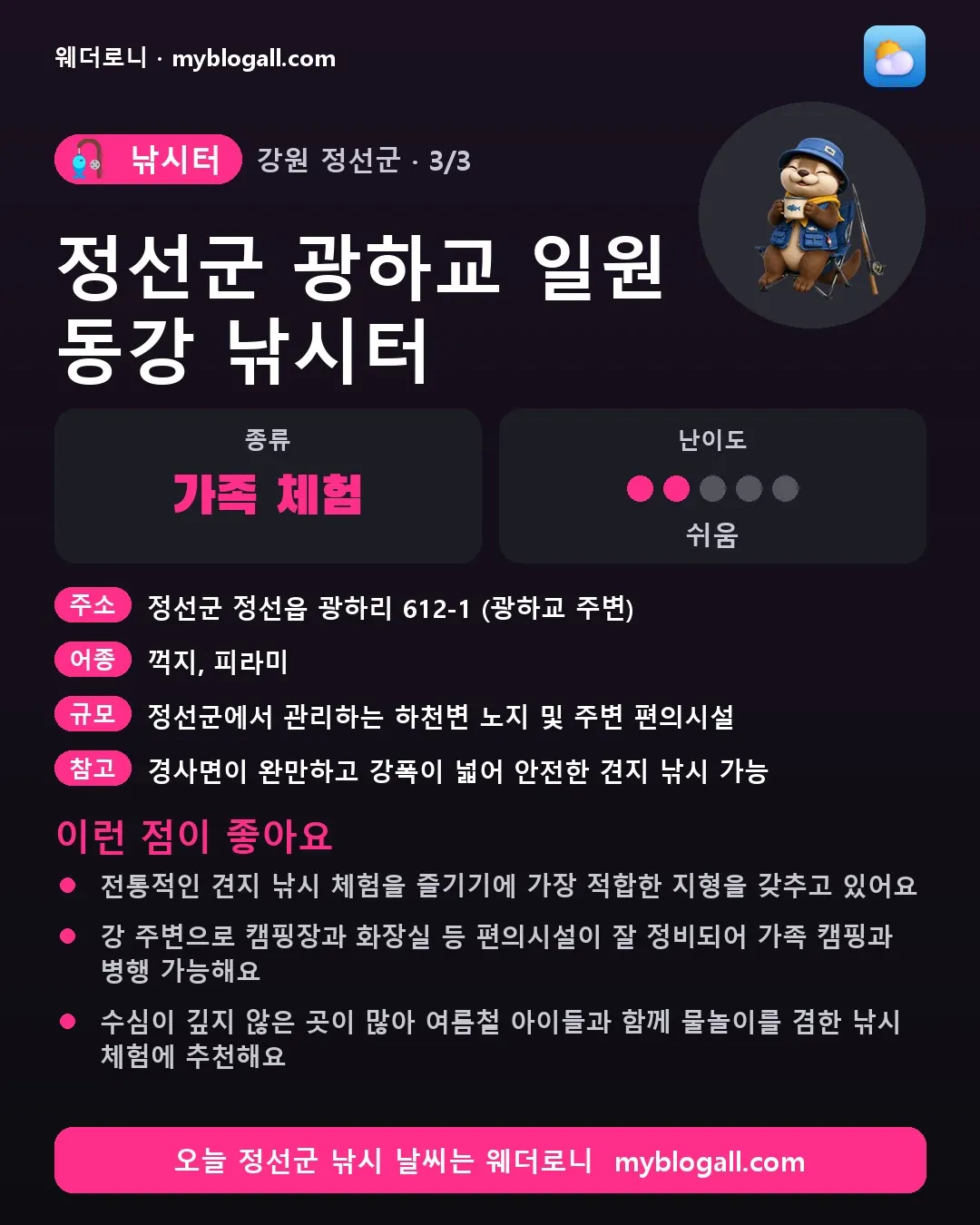 정선군 낚시터 · 정선군 광하교 일원 동강 낚시터 — 가족·체험 · 난이도 2/5 — 전통적인 견지 낚시 체험을 즐기기에 가장 적합한 지형을 갖추고 있어요 — 강 주변으로 캠핑장과 화장실 등 편의시설이 잘 정비되어 가족 캠핑과 병행 가능해요