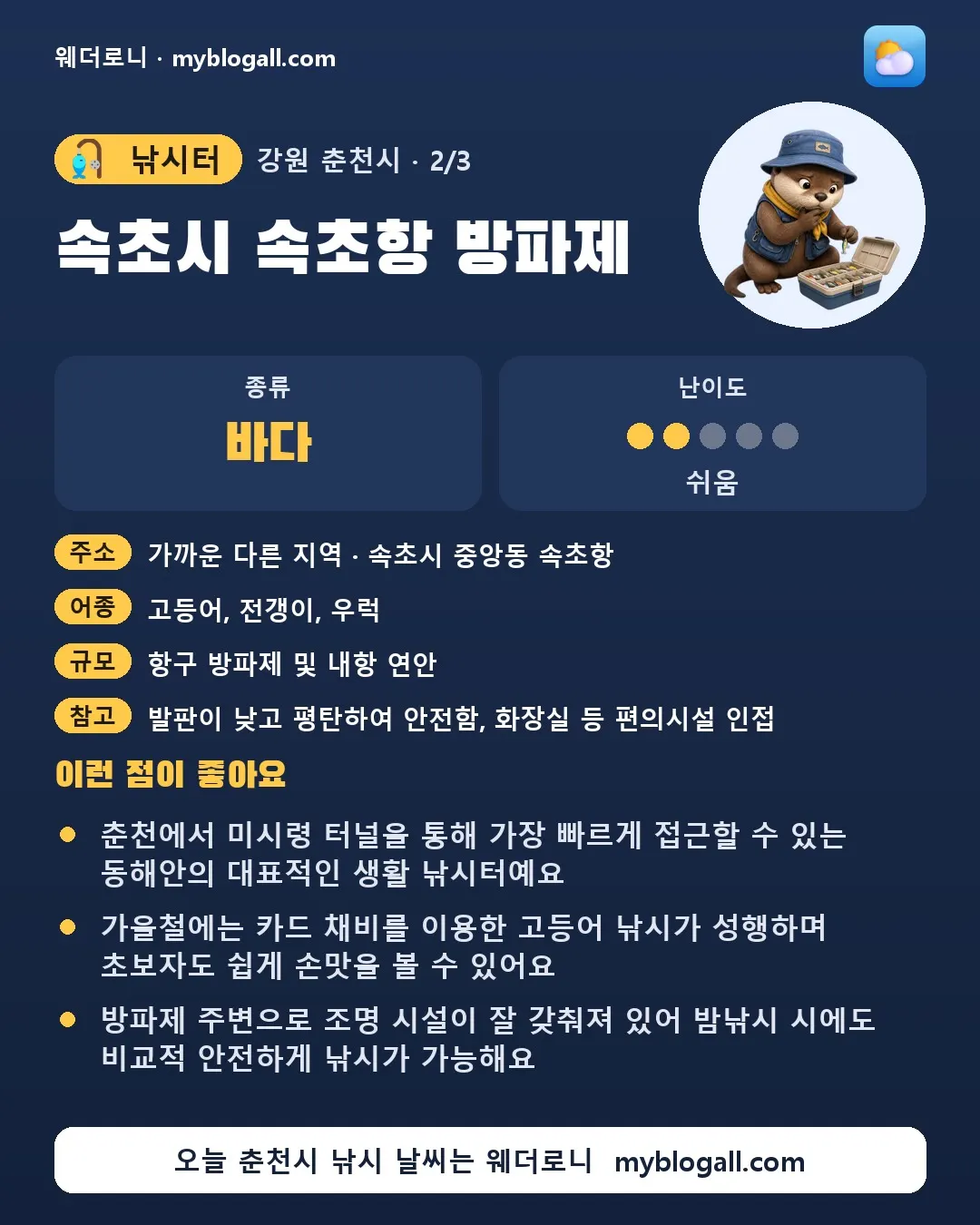 춘천시 낚시터 · 속초시 속초항 방파제 — 바다 · 난이도 2/5 — 춘천에서 미시령 터널을 통해 가장 빠르게 접근할 수 있는 동해안의 대표적인 생활 낚시터예요 — 가을철에는 카드 채비를 이용한 고등어 낚시가 성행하며 초보자도 쉽게 손맛을 볼 수 있어요
