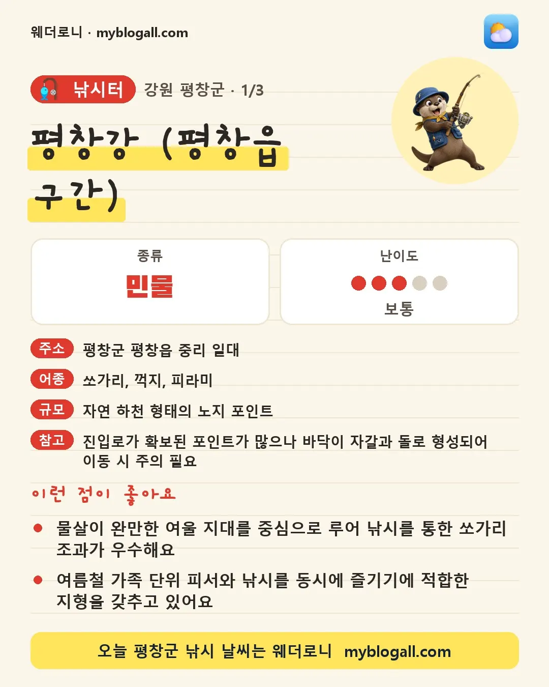 평창군 낚시터 · 평창강 (평창읍 구간) — 민물 · 난이도 3/5 — 물살이 완만한 여울 지대를 중심으로 루어 낚시를 통한 쏘가리 조과가 우수해요 — 여름철 가족 단위 피서와 낚시를 동시에 즐기기에 적합한 지형을 갖추고 있어요
