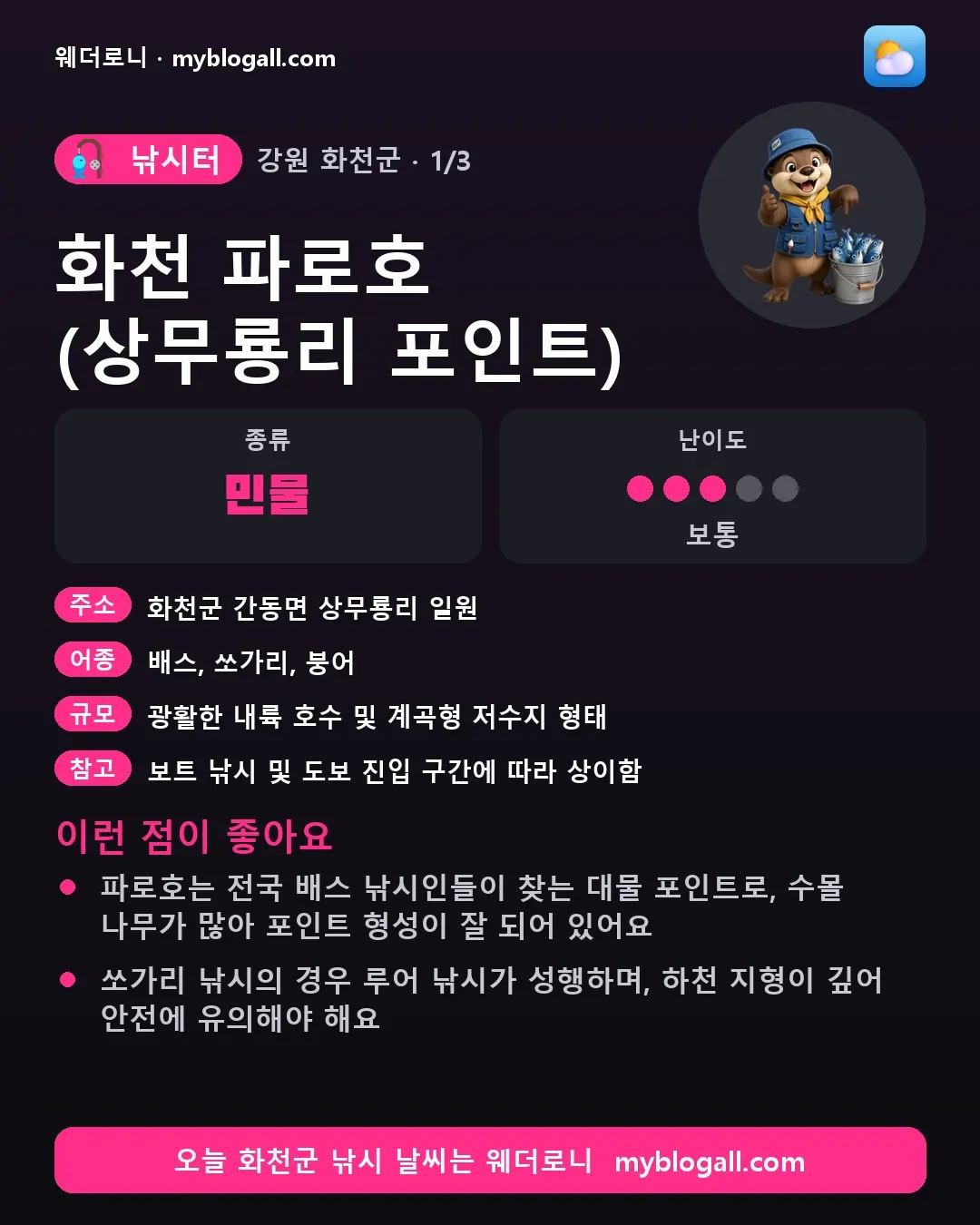 화천군 낚시터 · 화천 파로호 (상무룡리 포인트) — 민물 · 난이도 3/5 — 파로호는 전국 배스 낚시인들이 찾는 대물 포인트로, 수몰 나무가 많아 포인트 형성이 잘 되어 있어요 — 쏘가리 낚시의 경우 루어 낚시가 성행하며, 하천 지형이 깊어 안전에 유의해야 해요