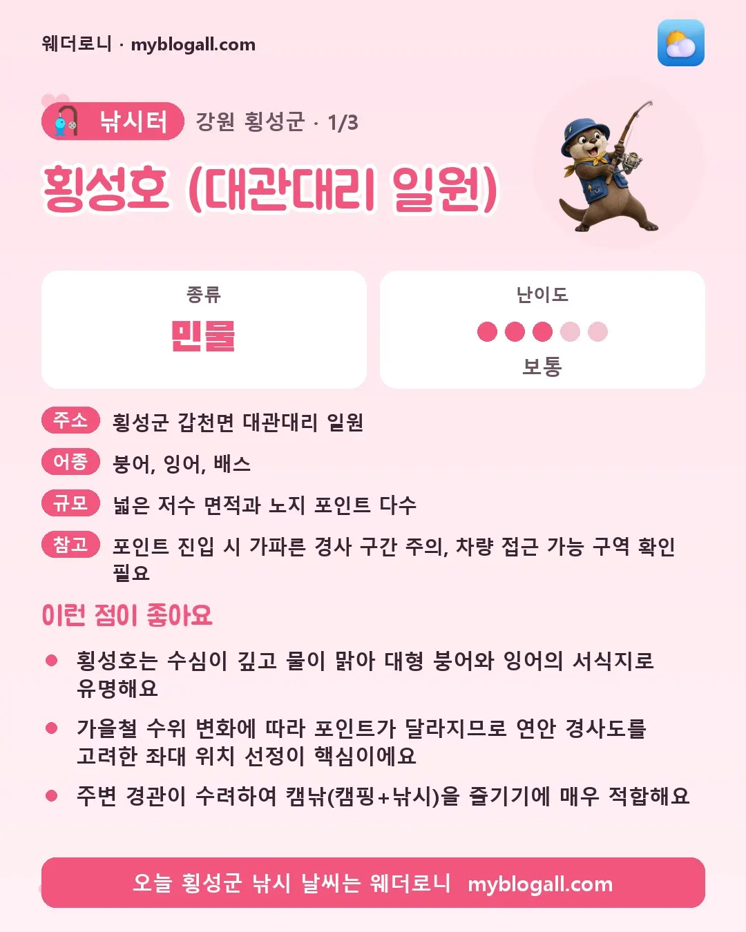 횡성군 낚시터 · 횡성호 (대관대리 일원) — 민물 · 난이도 3/5 — 횡성호는 수심이 깊고 물이 맑아 대형 붕어와 잉어의 서식지로 유명해요 — 가을철 수위 변화에 따라 포인트가 달라지므로 연안 경사도를 고려한 좌대 위치 선정이 핵심이에요