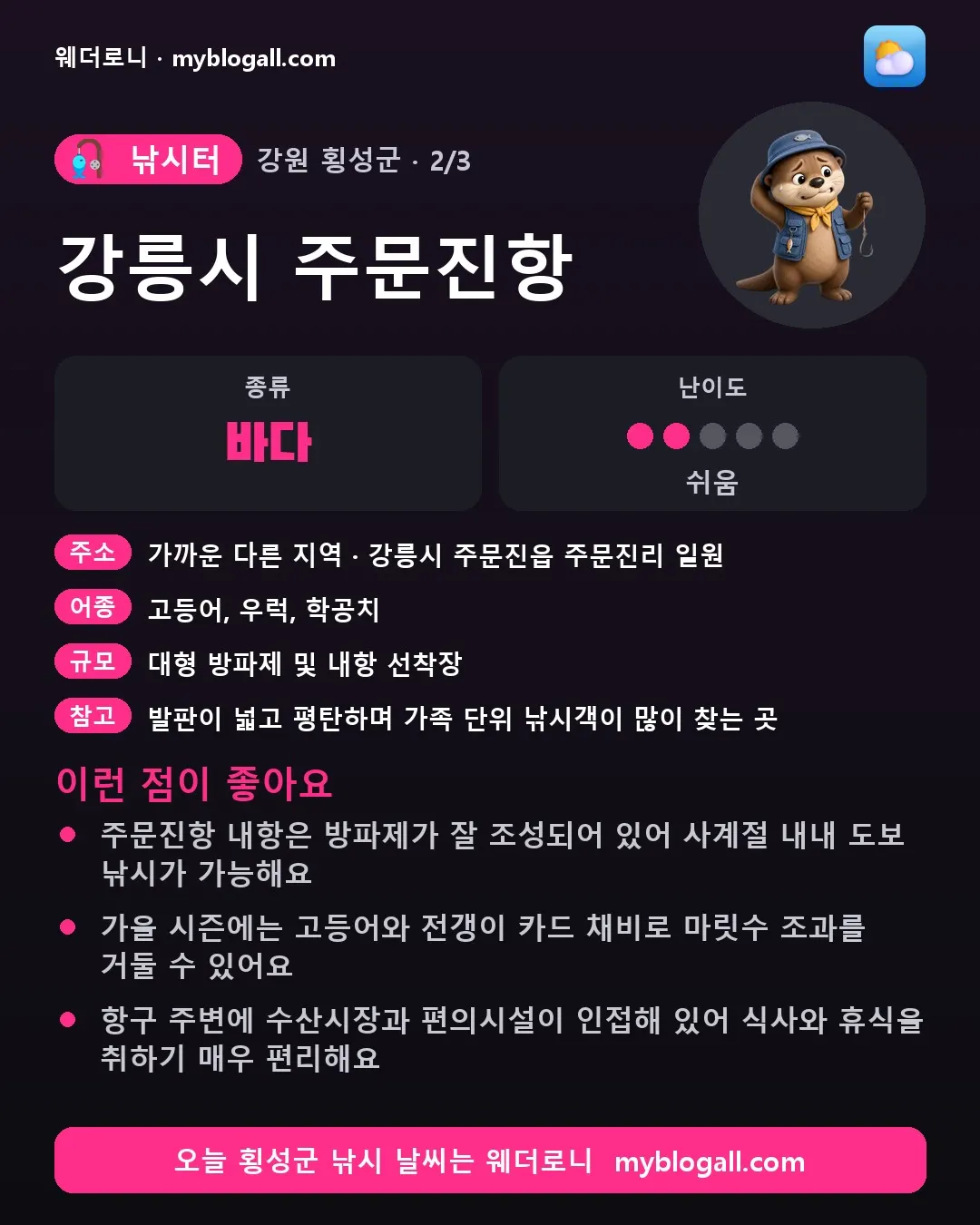 횡성군 낚시터 · 강릉시 주문진항 — 바다 · 난이도 2/5 — 주문진항 내항은 방파제가 잘 조성되어 있어 사계절 내내 도보 낚시가 가능해요 — 가을 시즌에는 고등어와 전갱이 카드 채비로 마릿수 조과를 거둘 수 있어요