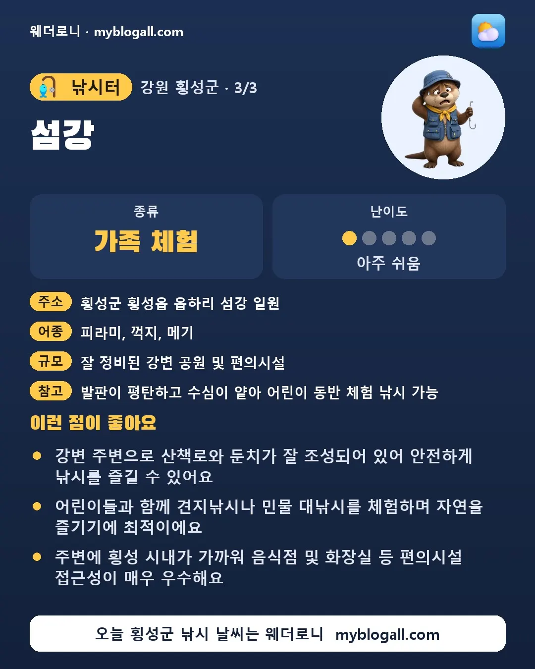 횡성군 낚시터 · 섬강 — 가족·체험 · 난이도 1/5 — 강변 주변으로 산책로와 둔치가 잘 조성되어 있어 안전하게 낚시를 즐길 수 있어요 — 어린이들과 함께 견지낚시나 민물 대낚시를 체험하며 자연을 즐기기에 최적이에요