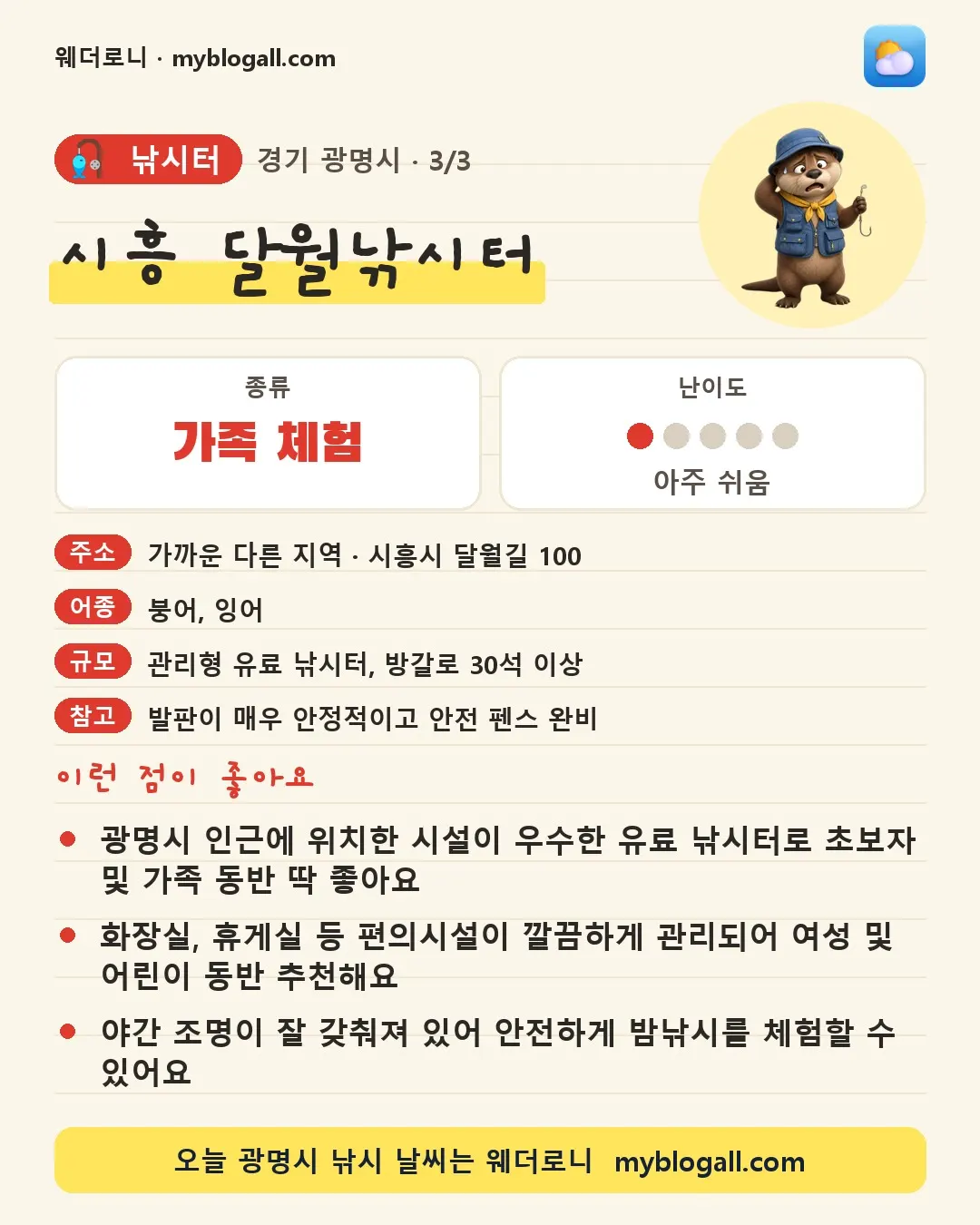광명시 낚시터 · 시흥 달월낚시터 — 가족·체험 · 난이도 1/5 — 광명시 인근에 위치한 시설이 우수한 유료 낚시터로 초보자 및 가족 동반 딱 좋아요 — 화장실, 휴게실 등 편의시설이 깔끔하게 관리되어 여성 및 어린이 동반 추천해요