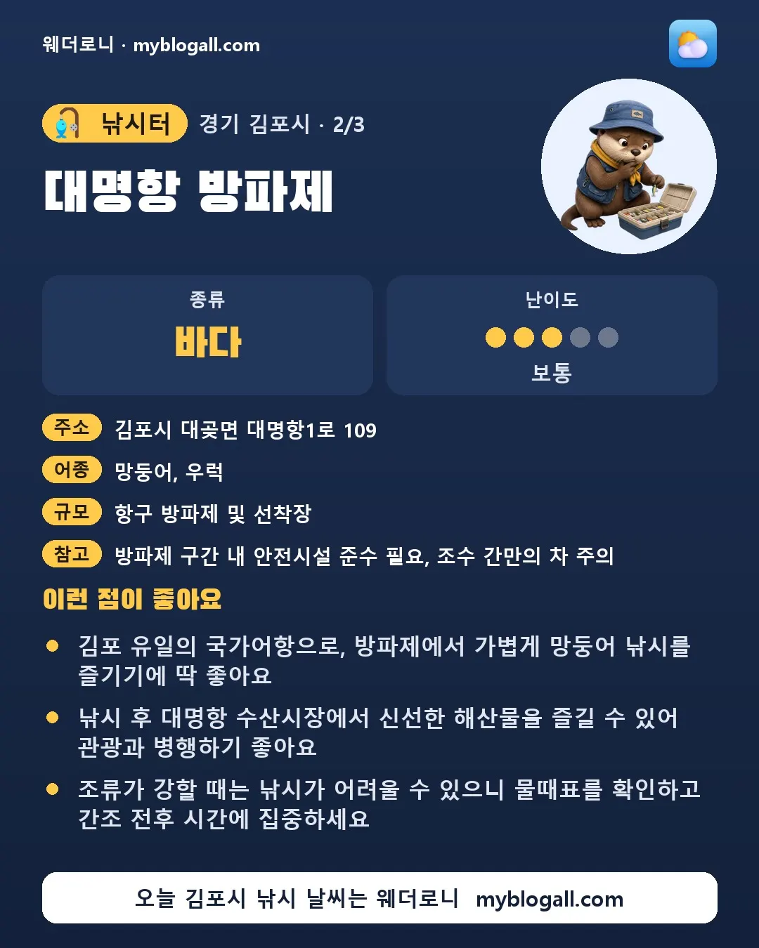 김포시 낚시터 · 대명항 방파제 — 바다 · 난이도 3/5 — 김포 유일의 국가어항으로, 방파제에서 가볍게 망둥어 낚시를 즐기기에 딱 좋아요 — 낚시 후 대명항 수산시장에서 신선한 해산물을 즐길 수 있어 관광과 병행하기 좋아요