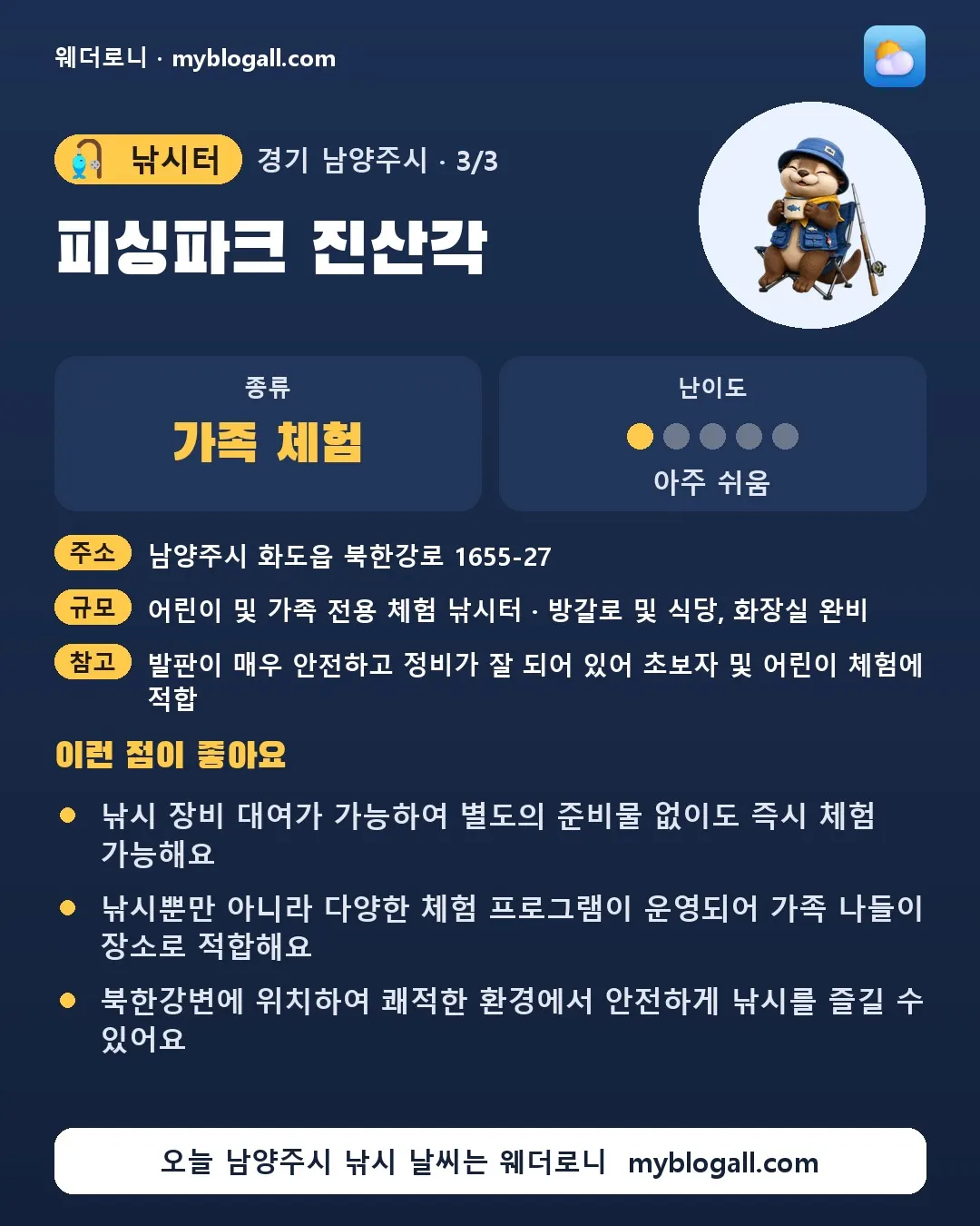 남양주시 낚시터 · 피싱파크 진산각 — 가족·체험 · 난이도 1/5 — 낚시 장비 대여가 가능하여 별도의 준비물 없이도 즉시 체험 가능해요 — 낚시뿐만 아니라 다양한 체험 프로그램이 운영되어 가족 나들이 장소로 적합해요
