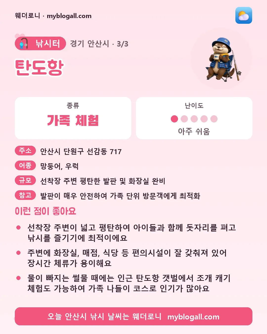 안산시 낚시터 · 탄도항 — 가족·체험 · 난이도 1/5 — 선착장 주변이 넓고 평탄하여 아이들과 함께 돗자리를 펴고 낚시를 즐기기에 최적이에요 — 주변에 화장실, 매점, 식당 등 편의시설이 잘 갖춰져 있어 장시간 체류가 용이해요