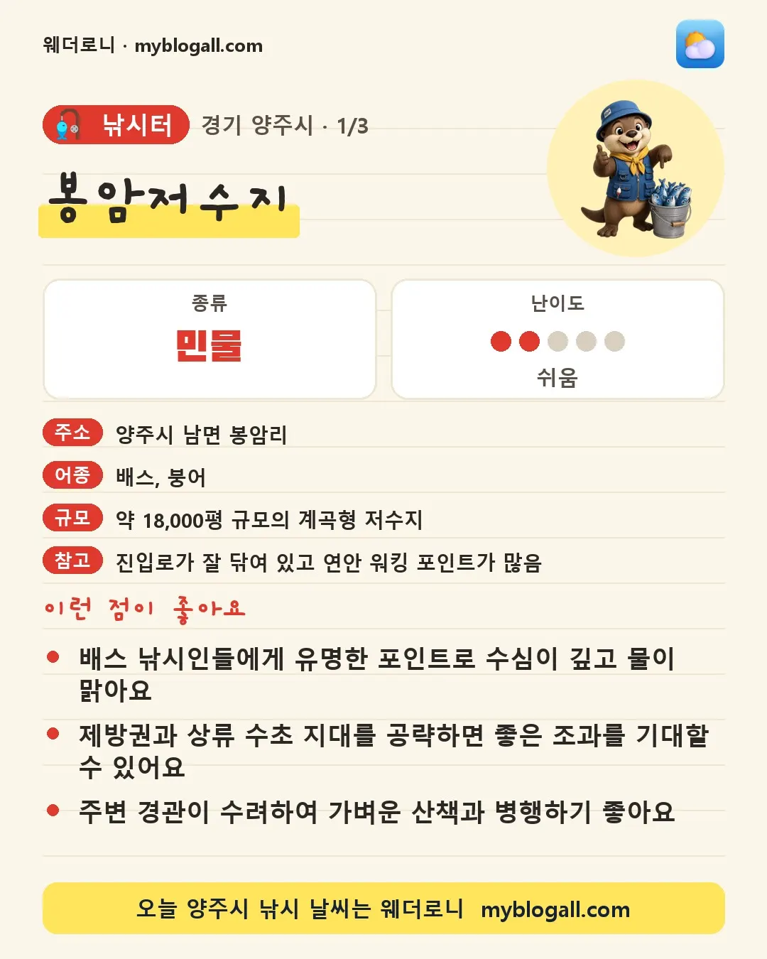양주시 낚시터 · 봉암저수지 — 민물 · 난이도 2/5 — 배스 낚시인들에게 유명한 포인트로 수심이 깊고 물이 맑아요 — 제방권과 상류 수초 지대를 공략하면 좋은 조과를 기대할 수 있어요