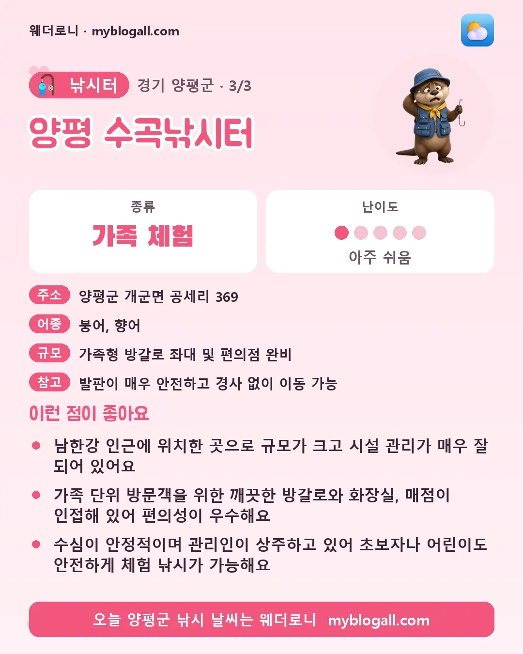 양평군 낚시터 · 양평 수곡낚시터 — 가족·체험 · 난이도 1/5 — 남한강 인근에 위치한 곳으로 규모가 크고 시설 관리가 매우 잘 되어 있어요 — 가족 단위 방문객을 위한 깨끗한 방갈로와 화장실, 매점이 인접해 있어 편의성이 우수해요