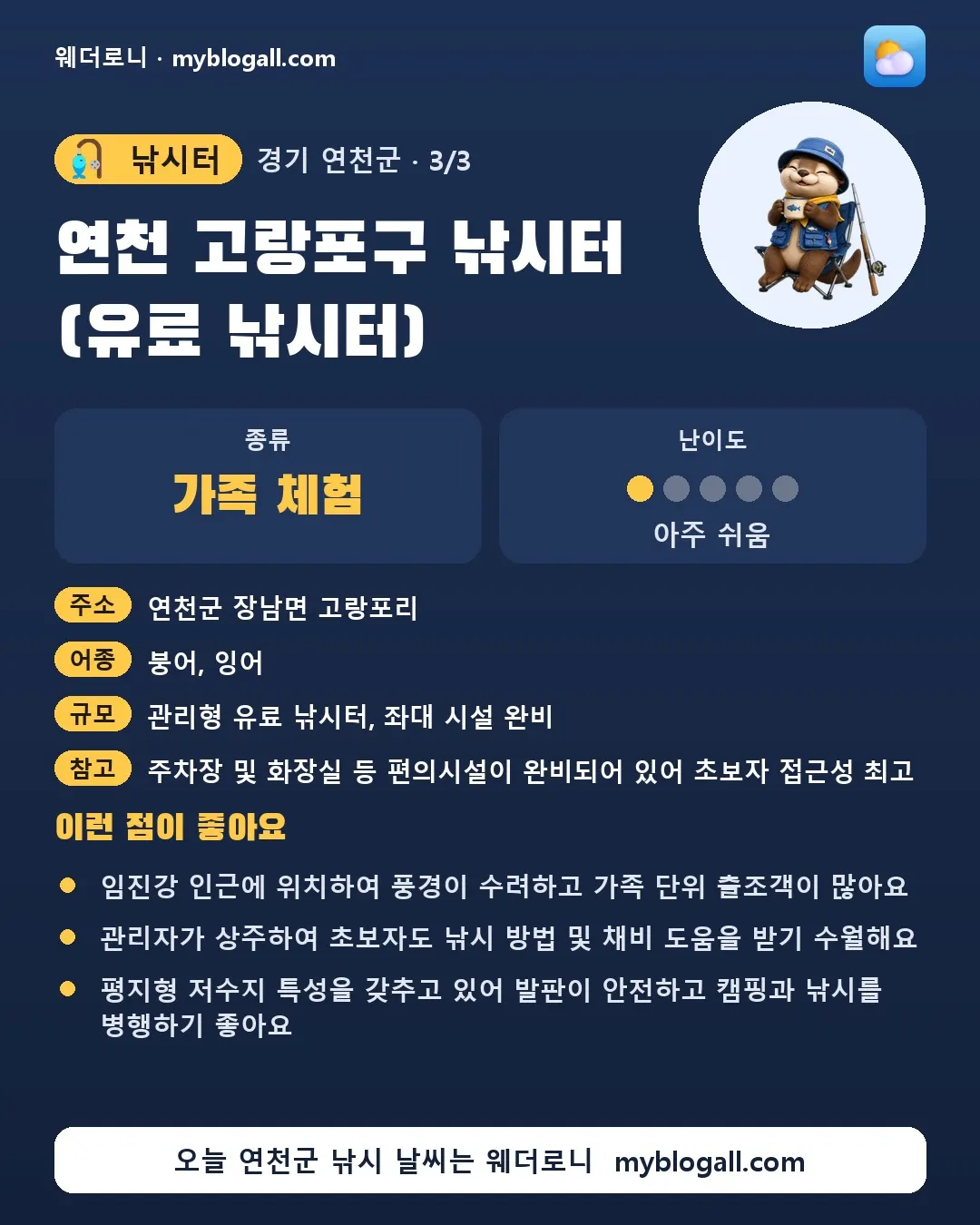 연천군 낚시터 · 연천 고랑포구 낚시터 (유료 낚시터) — 가족·체험 · 난이도 1/5 — 임진강 인근에 위치하여 풍경이 수려하고 가족 단위 출조객이 많아요 — 관리자가 상주하여 초보자도 낚시 방법 및 채비 도움을 받기 수월해요