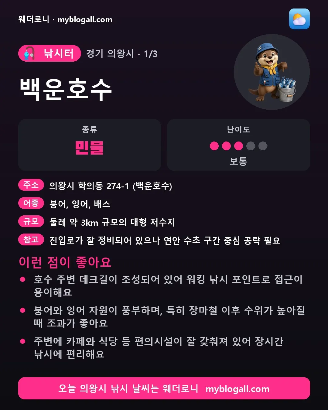의왕시 낚시터 · 백운호수 — 민물 · 난이도 3/5 — 호수 주변 데크길이 조성되어 있어 워킹 낚시 포인트로 접근이 용이해요 — 붕어와 잉어 자원이 풍부하며, 특히 장마철 이후 수위가 높아질 때 조과가 좋아요