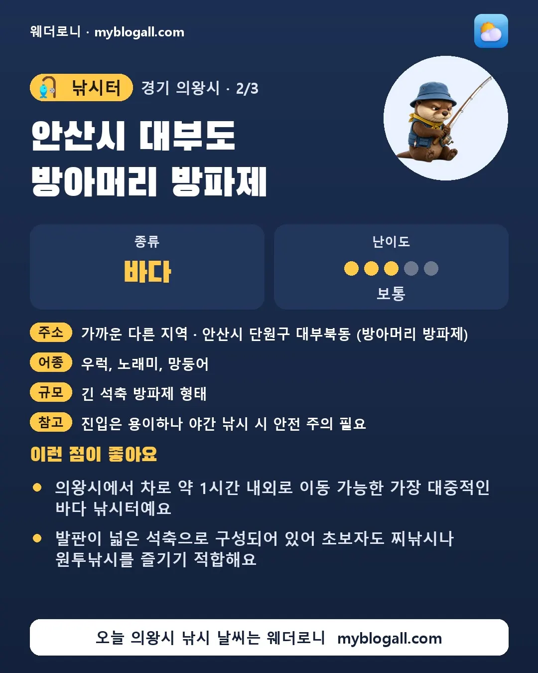 의왕시 낚시터 · 안산시 대부도 방아머리 방파제 — 바다 · 난이도 3/5 — 의왕시에서 차로 약 1시간 내외로 이동 가능한 가장 대중적인 바다 낚시터예요 — 발판이 넓은 석축으로 구성되어 있어 초보자도 찌낚시나 원투낚시를 즐기기 적합해요