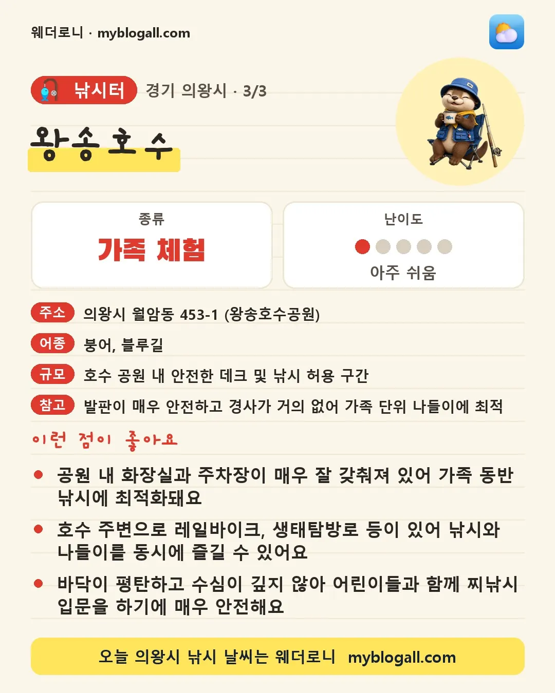 의왕시 낚시터 · 왕송호수 — 가족·체험 · 난이도 1/5 — 공원 내 화장실과 주차장이 매우 잘 갖춰져 있어 가족 동반 낚시에 최적화돼요 — 호수 주변으로 레일바이크, 생태탐방로 등이 있어 낚시와 나들이를 동시에 즐길 수 있어요
