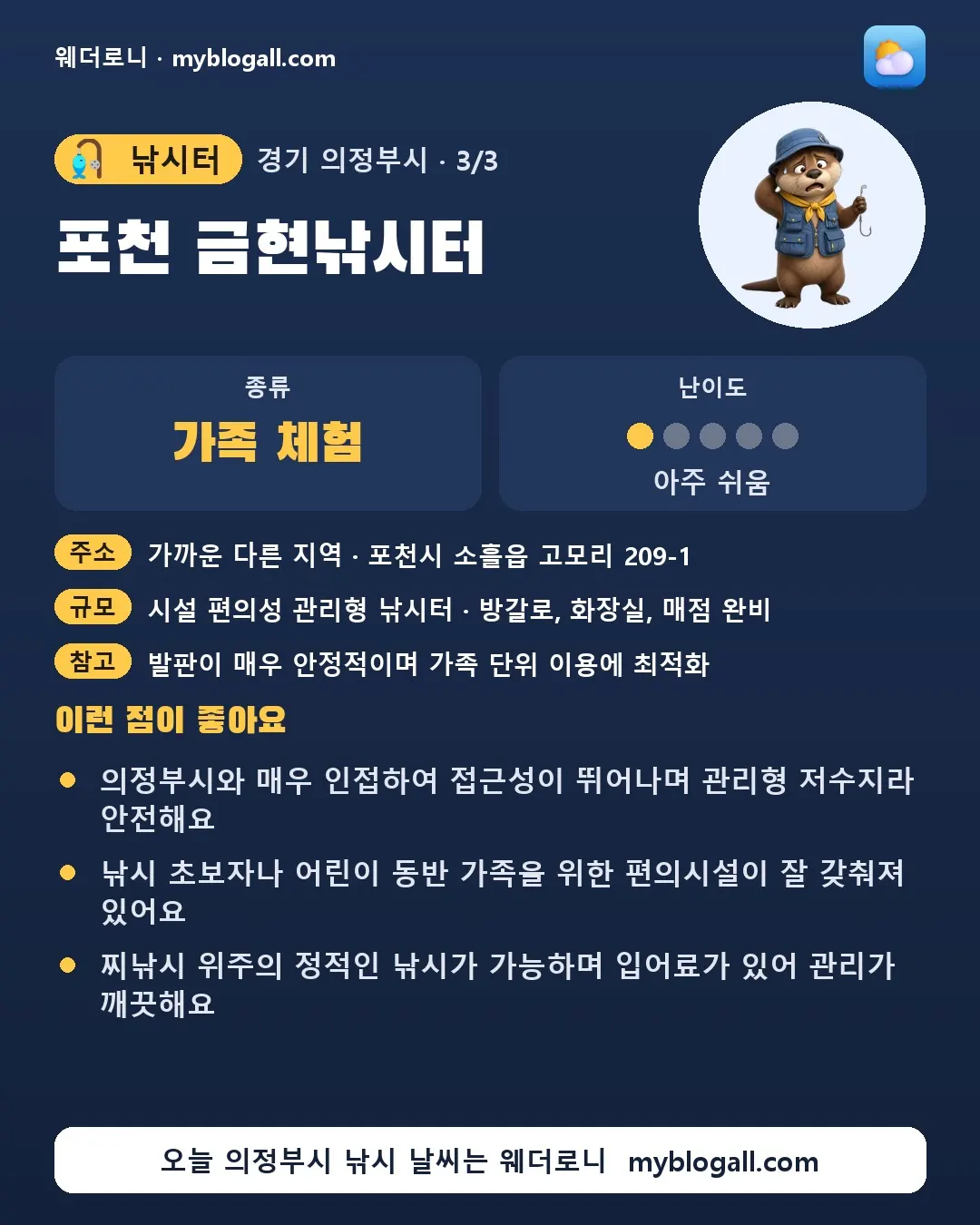 의정부시 낚시터 · 포천 금현낚시터 — 가족·체험 · 난이도 1/5 — 의정부시와 매우 인접하여 접근성이 뛰어나며 관리형 저수지라 안전해요 — 낚시 초보자나 어린이 동반 가족을 위한 편의시설이 잘 갖춰져 있어요