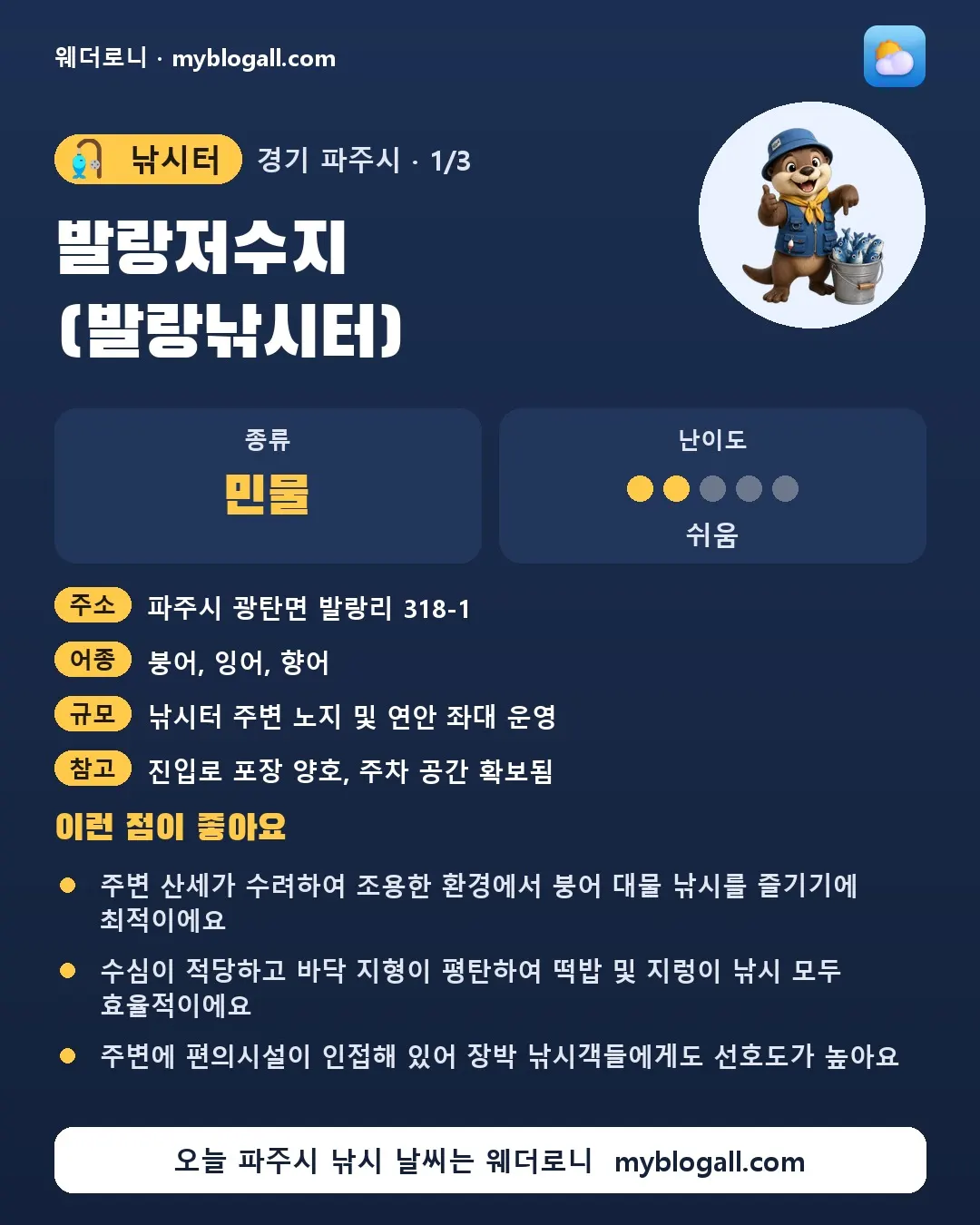파주시 낚시터 · 발랑저수지 (발랑낚시터) — 민물 · 난이도 2/5 — 주변 산세가 수려하여 조용한 환경에서 붕어 대물 낚시를 즐기기에 최적이에요 — 수심이 적당하고 바닥 지형이 평탄하여 떡밥 및 지렁이 낚시 모두 효율적이에요