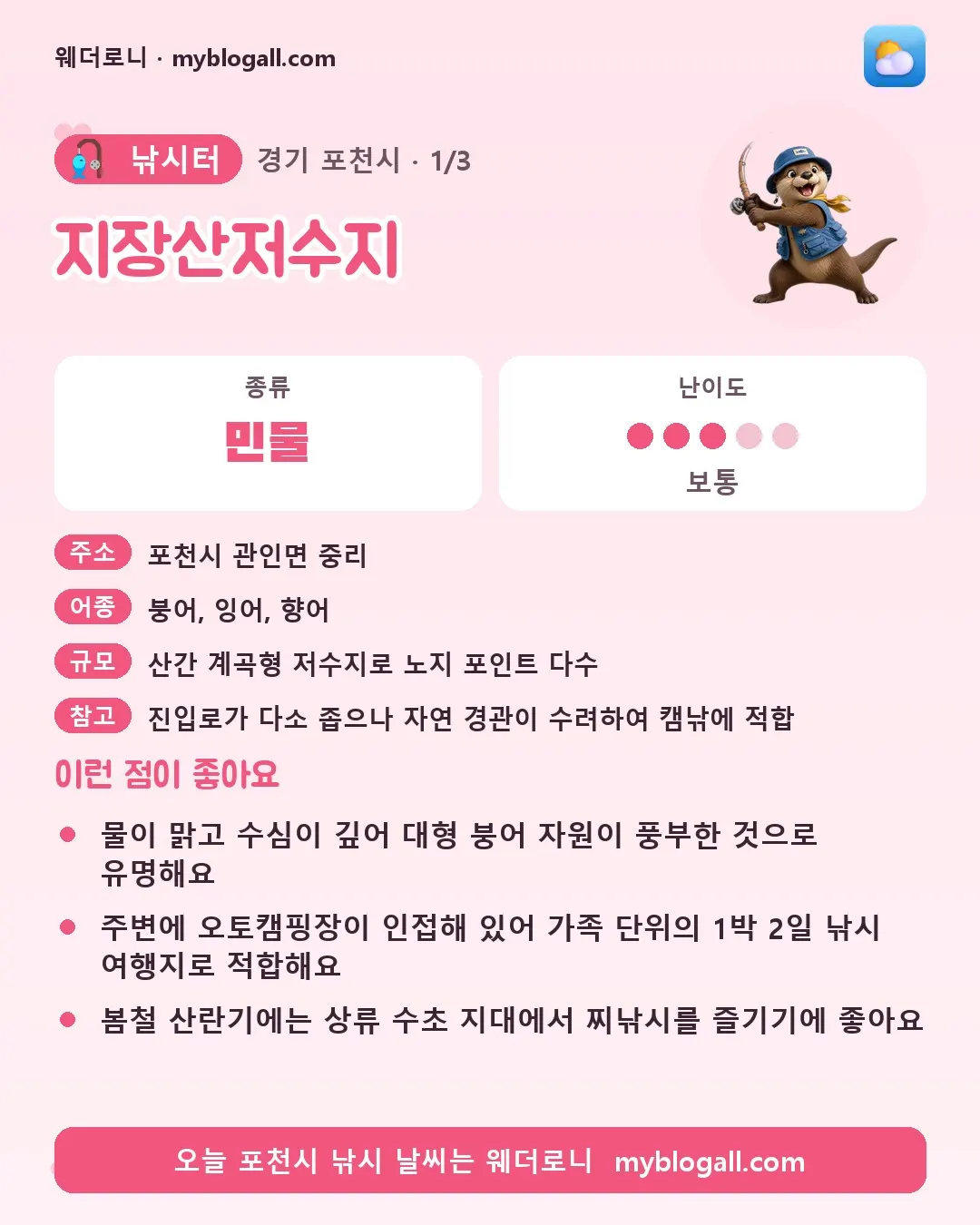 포천시 낚시터 · 지장산저수지 — 민물 · 난이도 3/5 — 물이 맑고 수심이 깊어 대형 붕어 자원이 풍부한 것으로 유명해요 — 주변에 오토캠핑장이 인접해 있어 가족 단위의 1박 2일 낚시 여행지로 적합해요
