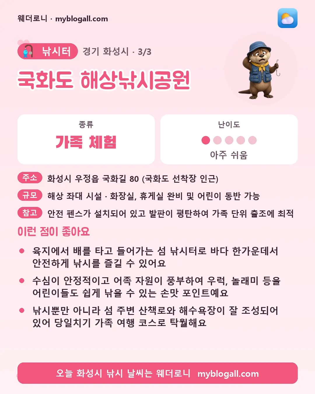 화성시 낚시터 · 국화도 해상낚시공원 — 가족·체험 · 난이도 1/5 — 육지에서 배를 타고 들어가는 섬 낚시터로 바다 한가운데서 안전하게 낚시를 즐길 수 있어요 — 수심이 안정적이고 어족 자원이 풍부하여 우럭, 놀래미 등을 어린이들도 쉽게 낚을 수 있는 손맛 포인트예요