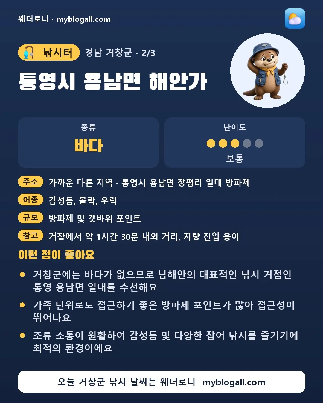 거창군 낚시터 · 통영시 용남면 해안가 — 바다 · 난이도 3/5 — 거창군에는 바다가 없으므로 남해안의 대표적인 낚시 거점인 통영 용남면 일대를 추천해요 — 가족 단위로도 접근하기 좋은 방파제 포인트가 많아 접근성이 뛰어나요
