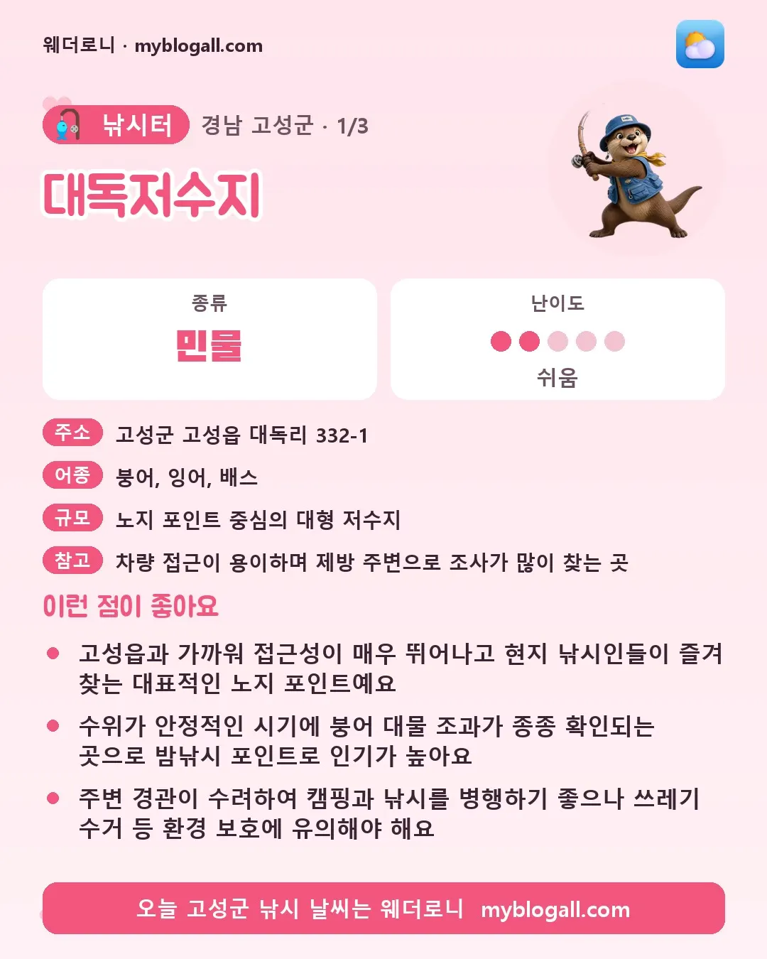 고성군 낚시터 · 대독저수지 — 민물 · 난이도 2/5 — 고성읍과 가까워 접근성이 매우 뛰어나고 현지 낚시인들이 즐겨 찾는 대표적인 노지 포인트예요 — 수위가 안정적인 시기에 붕어 대물 조과가 종종 확인되는 곳으로 밤낚시 포인트로 인기가 높아요