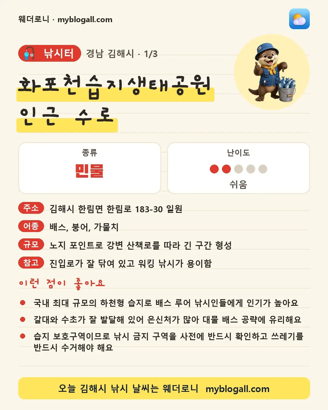 김해시 낚시터 · 화포천습지생태공원 인근 수로 — 민물 · 난이도 2/5 — 국내 최대 규모의 하천형 습지로 배스 루어 낚시인들에게 인기가 높아요 — 갈대와 수초가 잘 발달해 있어 은신처가 많아 대물 배스 공략에 유리해요