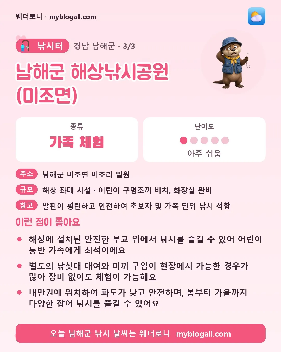 남해군 낚시터 · 남해군 해상낚시공원 (미조면) — 가족·체험 · 난이도 1/5 — 해상에 설치된 안전한 부교 위에서 낚시를 즐길 수 있어 어린이 동반 가족에게 최적이에요 — 별도의 낚싯대 대여와 미끼 구입이 현장에서 가능한 경우가 많아 장비 없이도 체험이 가능해요