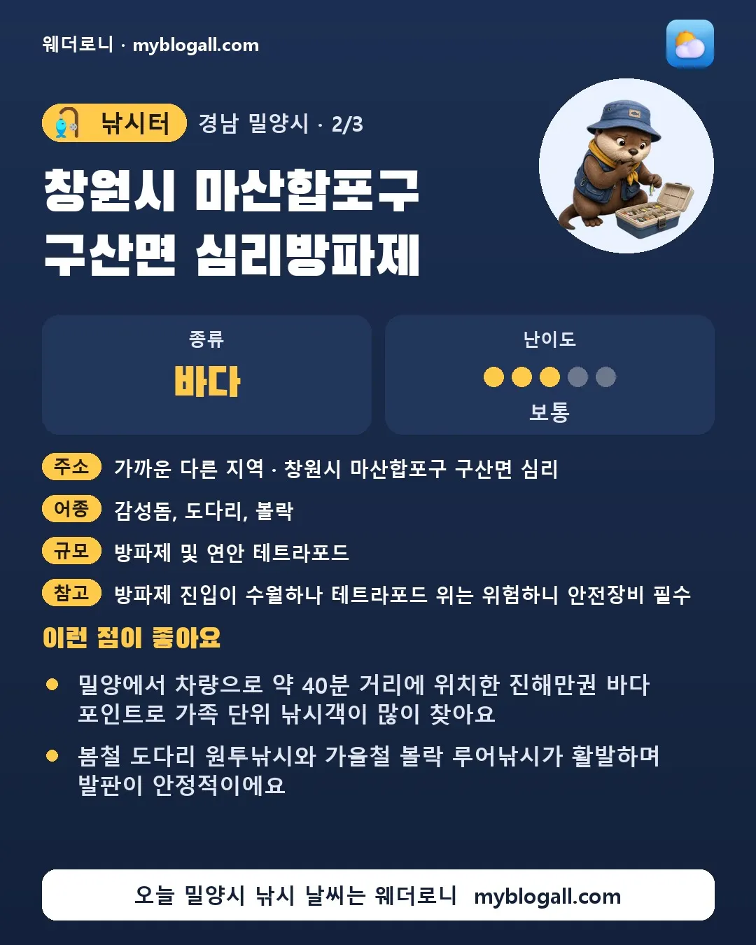 밀양시 낚시터 · 창원시 마산합포구 구산면 심리방파제 — 바다 · 난이도 3/5 — 밀양에서 차량으로 약 40분 거리에 위치한 진해만권 바다 포인트로 가족 단위 낚시객이 많이 찾아요 — 봄철 도다리 원투낚시와 가을철 볼락 루어낚시가 활발하며 발판이 안정적이에요