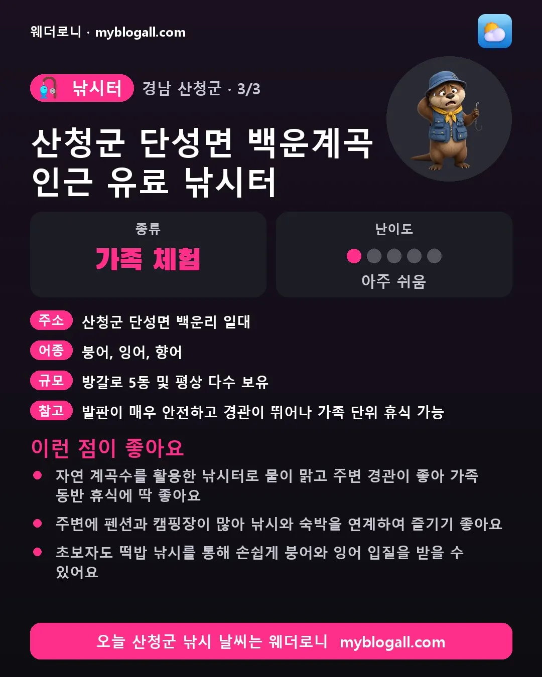 산청군 낚시터 · 산청군 단성면 백운계곡 인근 유료 낚시터 — 가족·체험 · 난이도 1/5 — 자연 계곡수를 활용한 낚시터로 물이 맑고 주변 경관이 좋아 가족 동반 휴식에 딱 좋아요 — 주변에 펜션과 캠핑장이 많아 낚시와 숙박을 연계하여 즐기기 좋아요