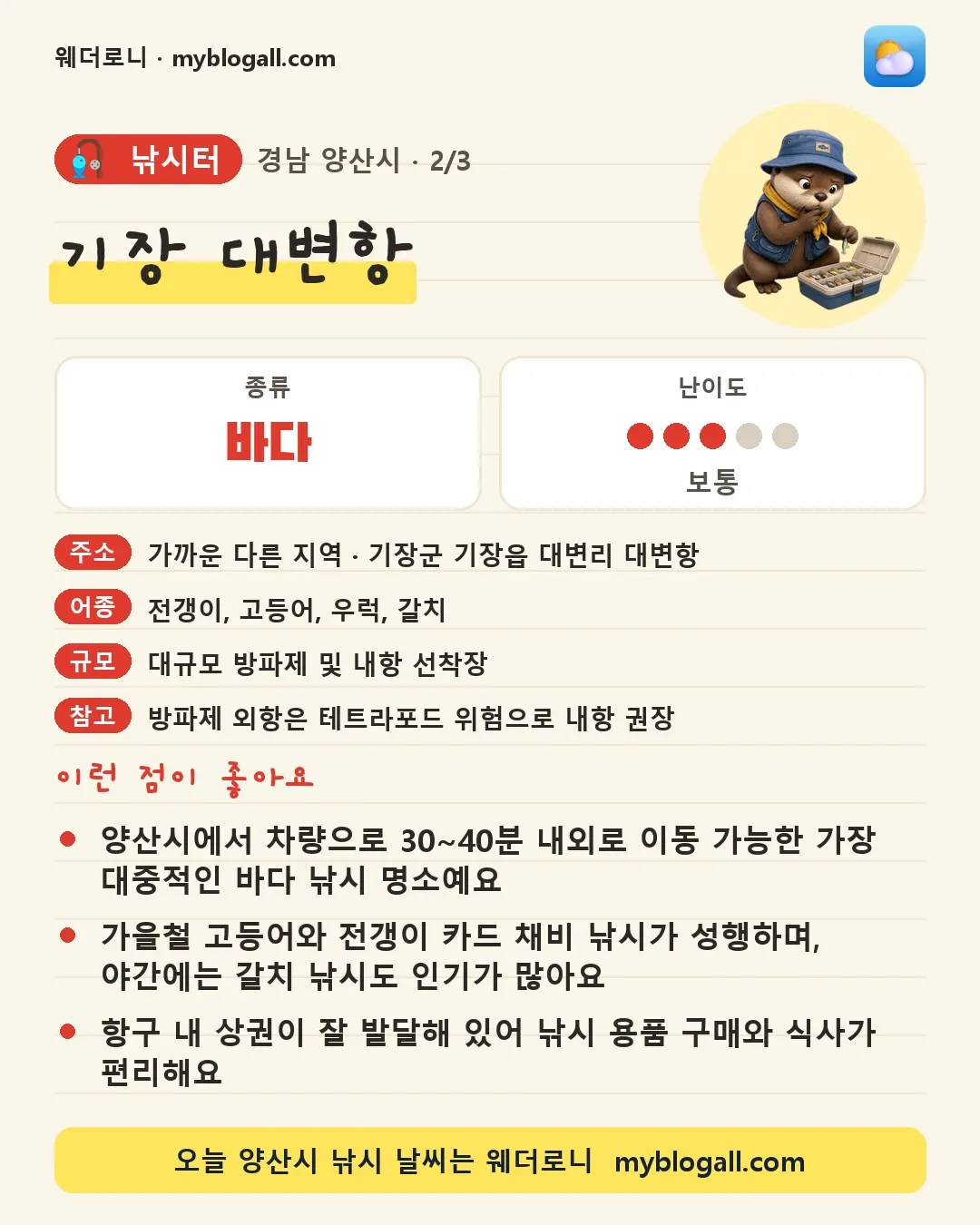양산시 낚시터 · 기장 대변항 — 바다 · 난이도 3/5 — 양산시에서 차량으로 30~40분 내외로 이동 가능한 가장 대중적인 바다 낚시 명소예요 — 가을철 고등어와 전갱이 카드 채비 낚시가 성행하며, 야간에는 갈치 낚시도 인기가 많아요
