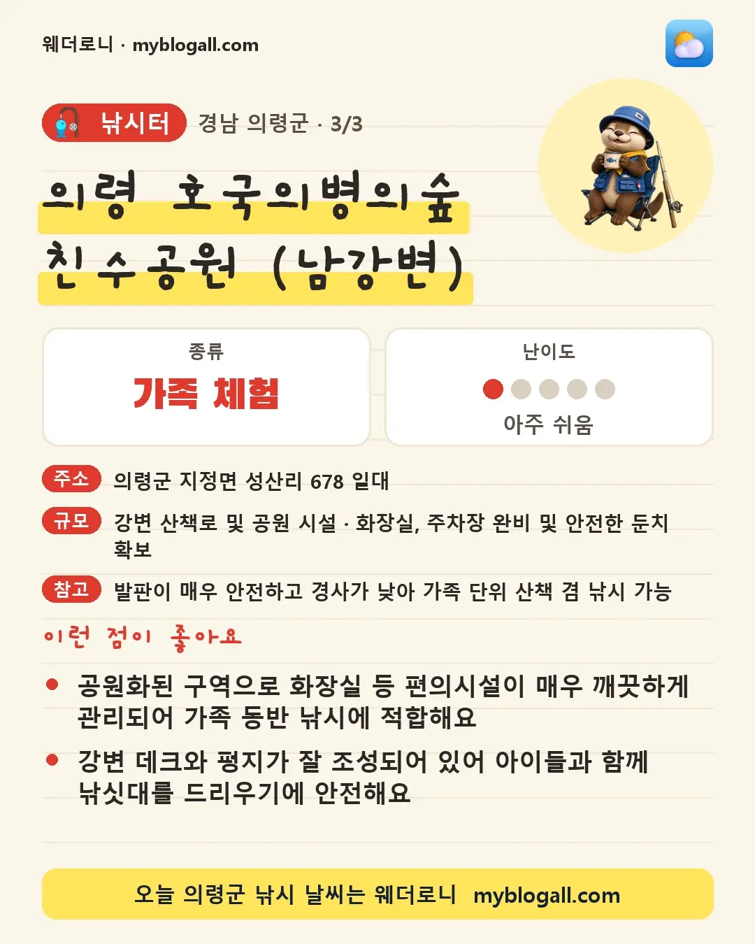 의령군 낚시터 · 의령 호국의병의숲 친수공원 (남강변) — 가족·체험 · 난이도 1/5 — 공원화된 구역으로 화장실 등 편의시설이 매우 깨끗하게 관리되어 가족 동반 낚시에 적합해요 — 강변 데크와 평지가 잘 조성되어 있어 아이들과 함께 낚싯대를 드리우기에 안전해요