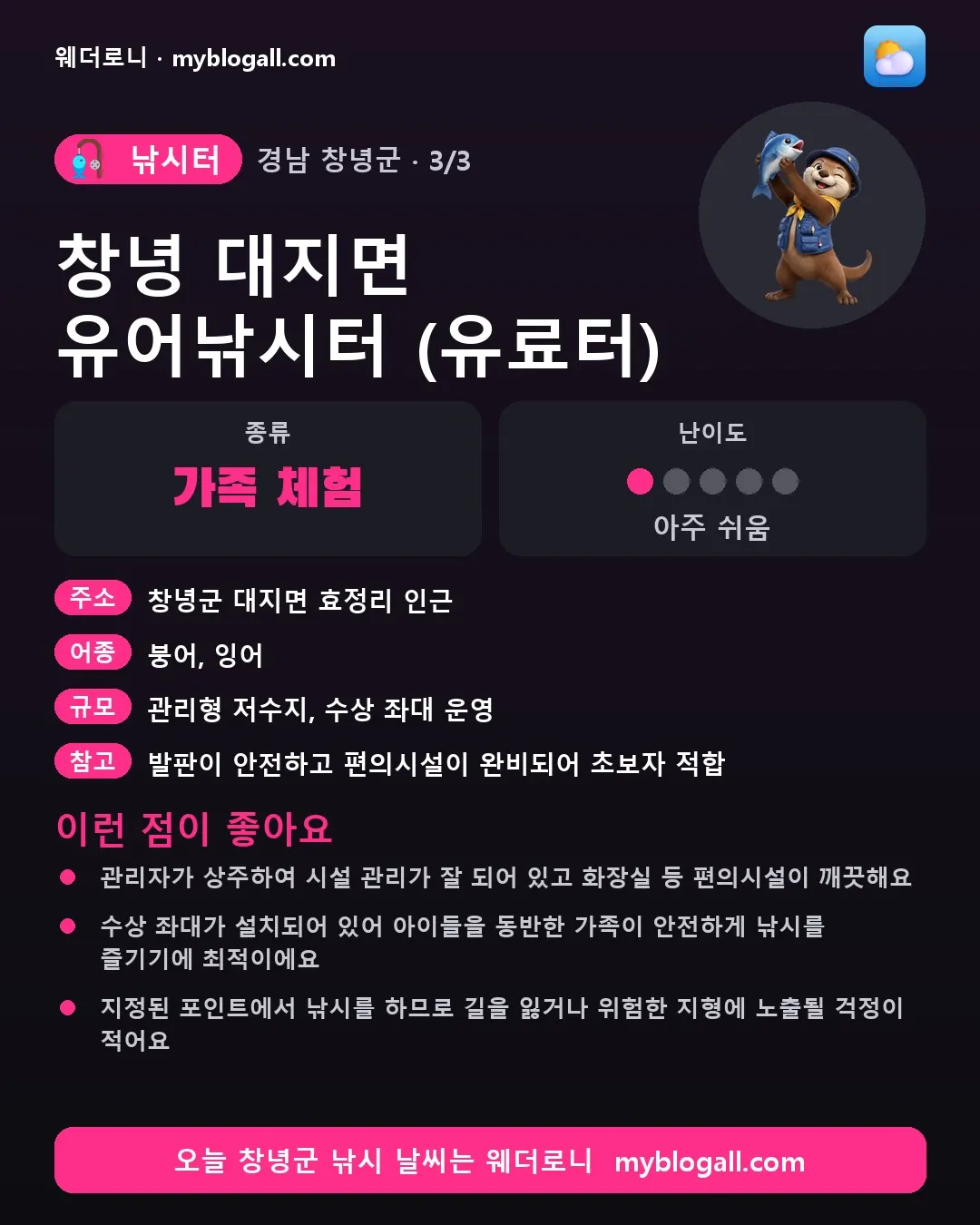 창녕군 낚시터 · 창녕 대지면 유어낚시터 (유료터) — 가족·체험 · 난이도 1/5 — 관리자가 상주하여 시설 관리가 잘 되어 있고 화장실 등 편의시설이 깨끗해요 — 수상 좌대가 설치되어 있어 아이들을 동반한 가족이 안전하게 낚시를 즐기기에 최적이에요