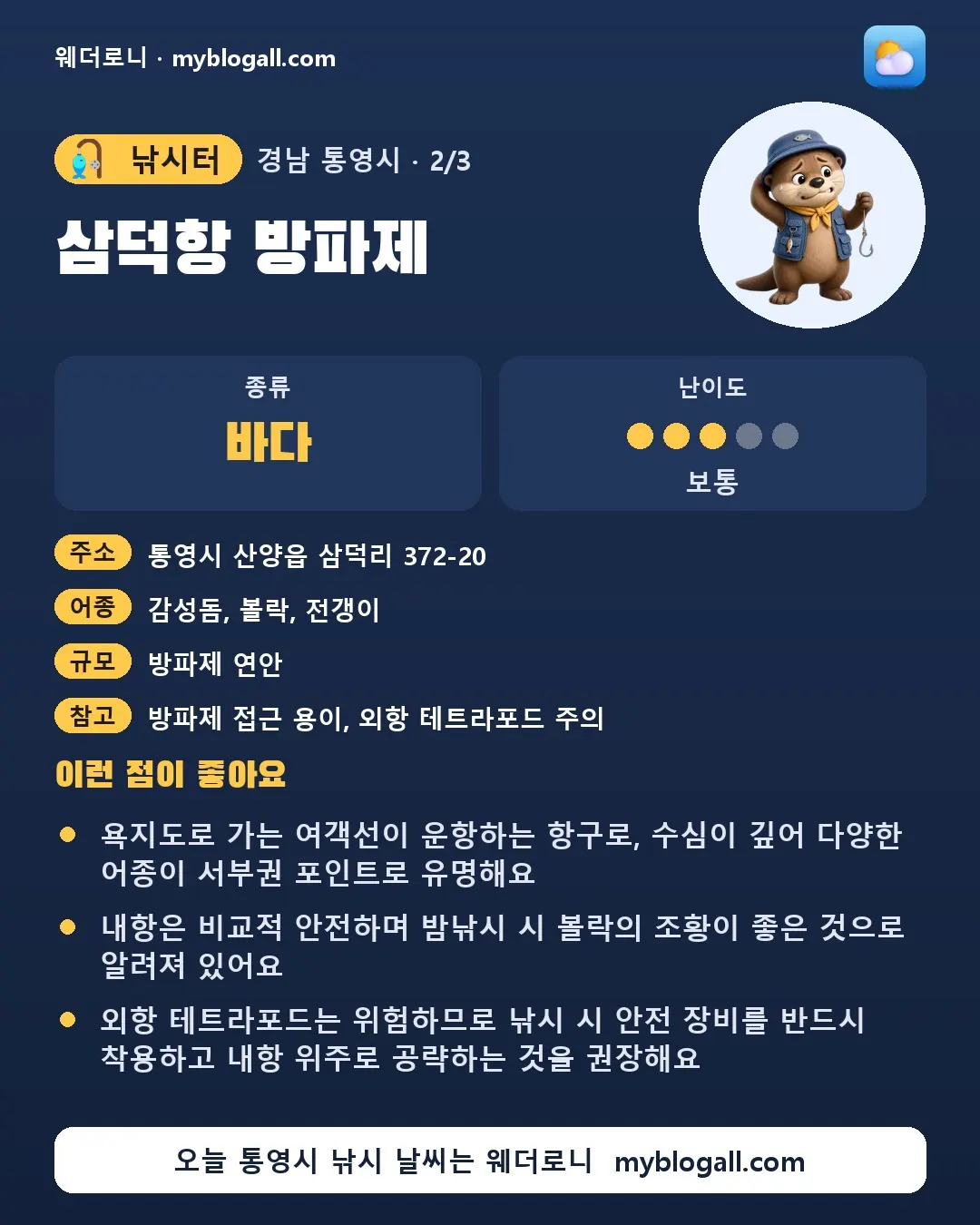 통영시 낚시터 · 삼덕항 방파제 — 바다 · 난이도 3/5 — 욕지도로 가는 여객선이 운항하는 항구로, 수심이 깊어 다양한 어종이 서부권 포인트로 유명해요 — 내항은 비교적 안전하며 밤낚시 시 볼락의 조황이 좋은 것으로 알려져 있어요