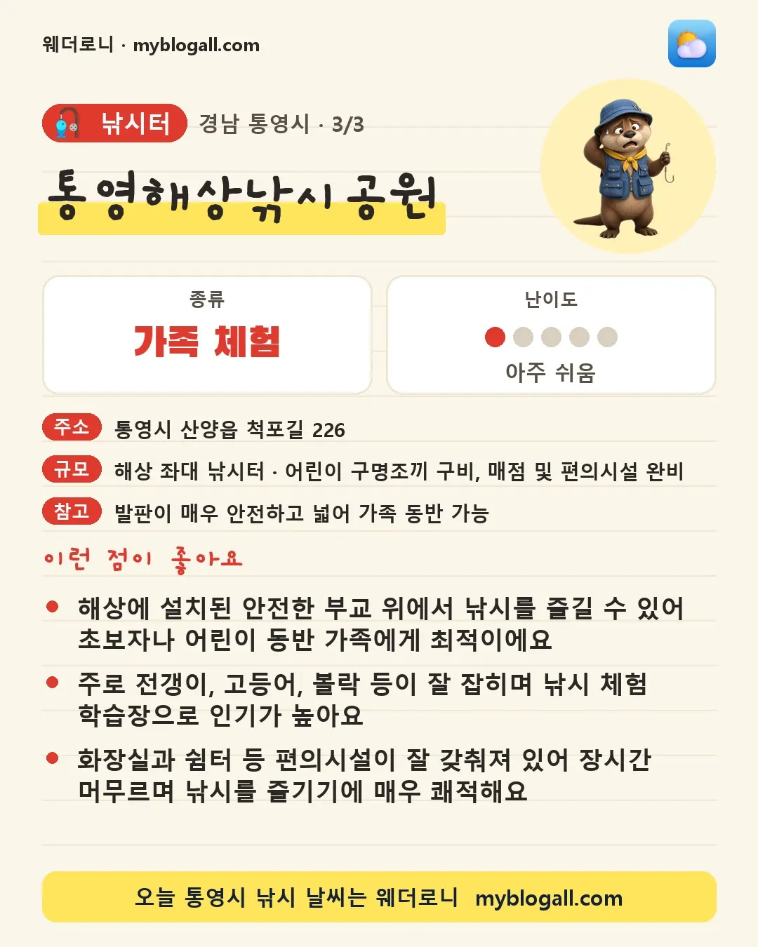 통영시 낚시터 · 통영해상낚시공원 — 가족·체험 · 난이도 1/5 — 해상에 설치된 안전한 부교 위에서 낚시를 즐길 수 있어 초보자나 어린이 동반 가족에게 최적이에요 — 주로 전갱이, 고등어, 볼락 등이 잘 잡히며 낚시 체험 학습장으로 인기가 높아요