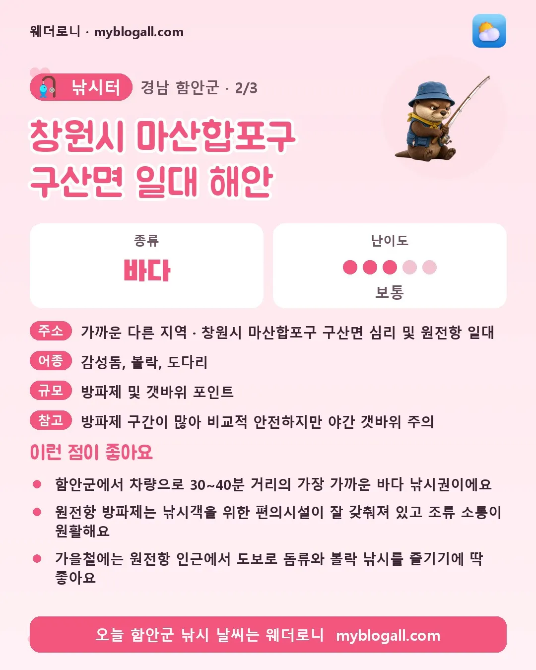 함안군 낚시터 · 창원시 마산합포구 구산면 일대 해안 — 바다 · 난이도 3/5 — 함안군에서 차량으로 30~40분 거리의 가장 가까운 바다 낚시권이에요 — 원전항 방파제는 낚시객을 위한 편의시설이 잘 갖춰져 있고 조류 소통이 원활해요