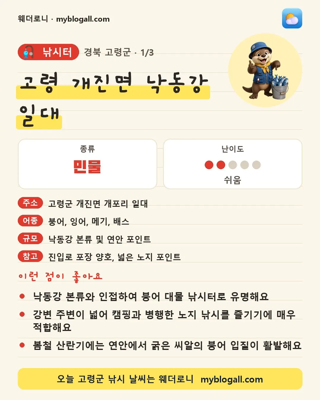 고령군 낚시터 · 고령 개진면 낙동강 일대 — 민물 · 난이도 2/5 — 낙동강 본류와 인접하여 붕어 대물 낚시터로 유명해요 — 강변 주변이 넓어 캠핑과 병행한 노지 낚시를 즐기기에 매우 적합해요