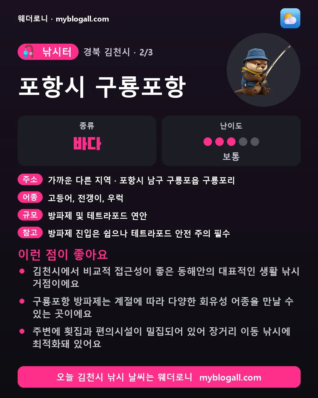 김천시 낚시터 · 포항시 구룡포항 — 바다 · 난이도 3/5 — 김천시에서 비교적 접근성이 좋은 동해안의 대표적인 생활 낚시 거점이에요 — 구룡포항 방파제는 계절에 따라 다양한 회유성 어종을 만날 수 있는 곳이에요