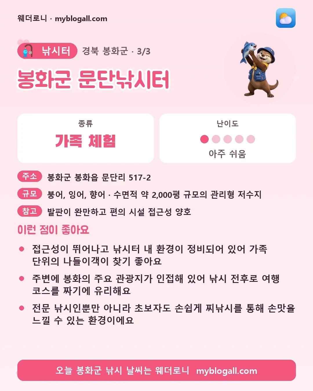 봉화군 낚시터 · 봉화군 문단낚시터 — 가족·체험 · 난이도 1/5 — 접근성이 뛰어나고 낚시터 내 환경이 정비되어 있어 가족 단위의 나들이객이 찾기 좋아요 — 주변에 봉화의 주요 관광지가 인접해 있어 낚시 전후로 여행 코스를 짜기에 유리해요